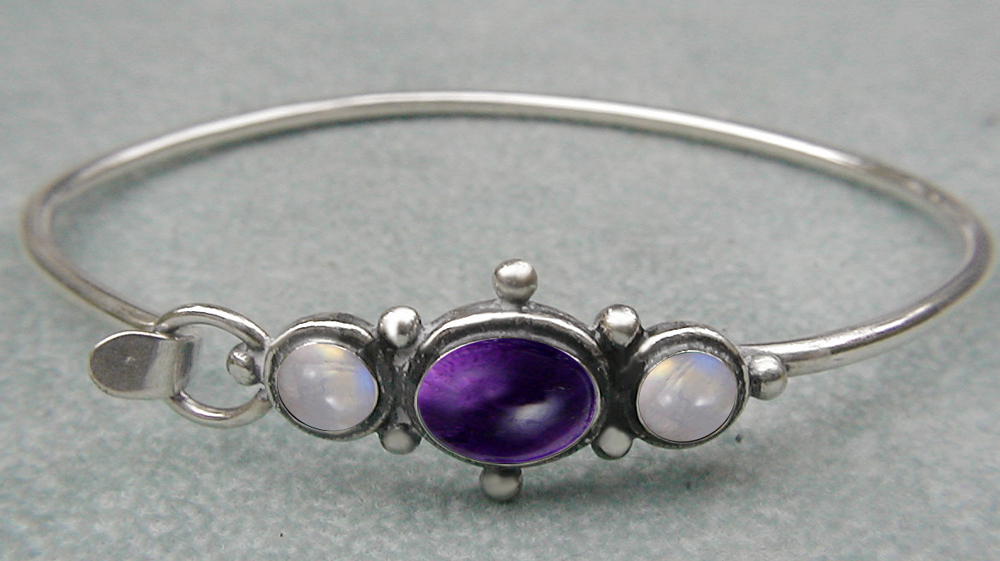 Sterling Silver Victorian Inspired Strap Latch Spring Hook Bangle Bracelet with Amethyst And Rainbow Moonstone